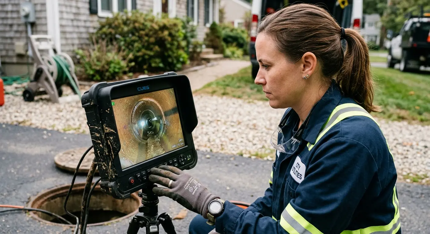 Technician reviewing sewer camera inspection footage in Ravenna