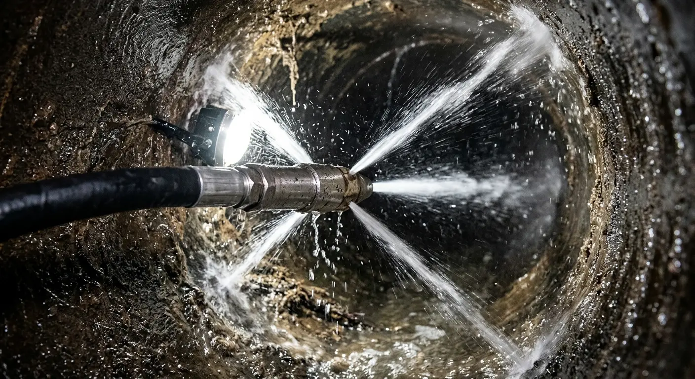 High-pressure hydro jetting nozzle cleaning sewer pipe for Trenchless Sewer Repair in Ravenna