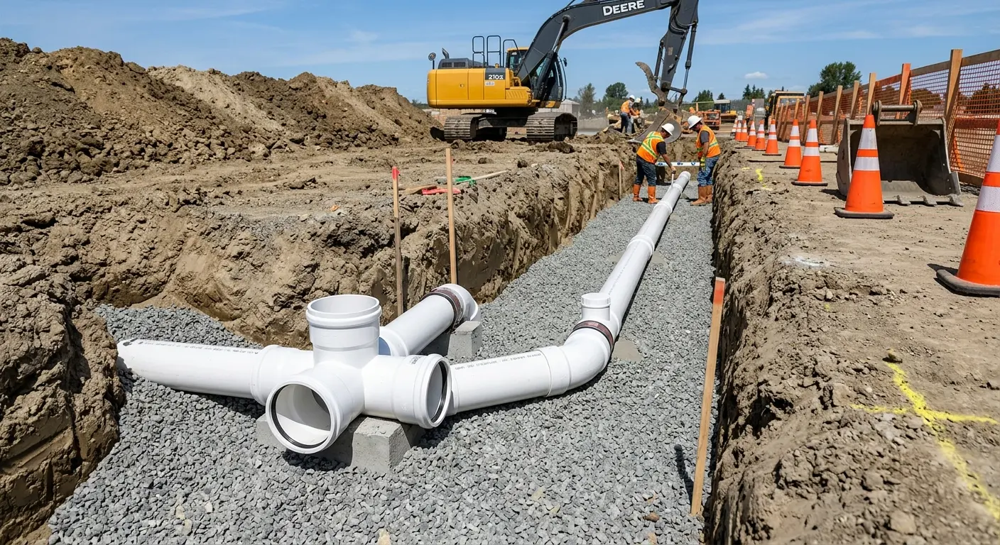 New PVC sewer pipe installation in open trench for Sewer Backup in Ravenna