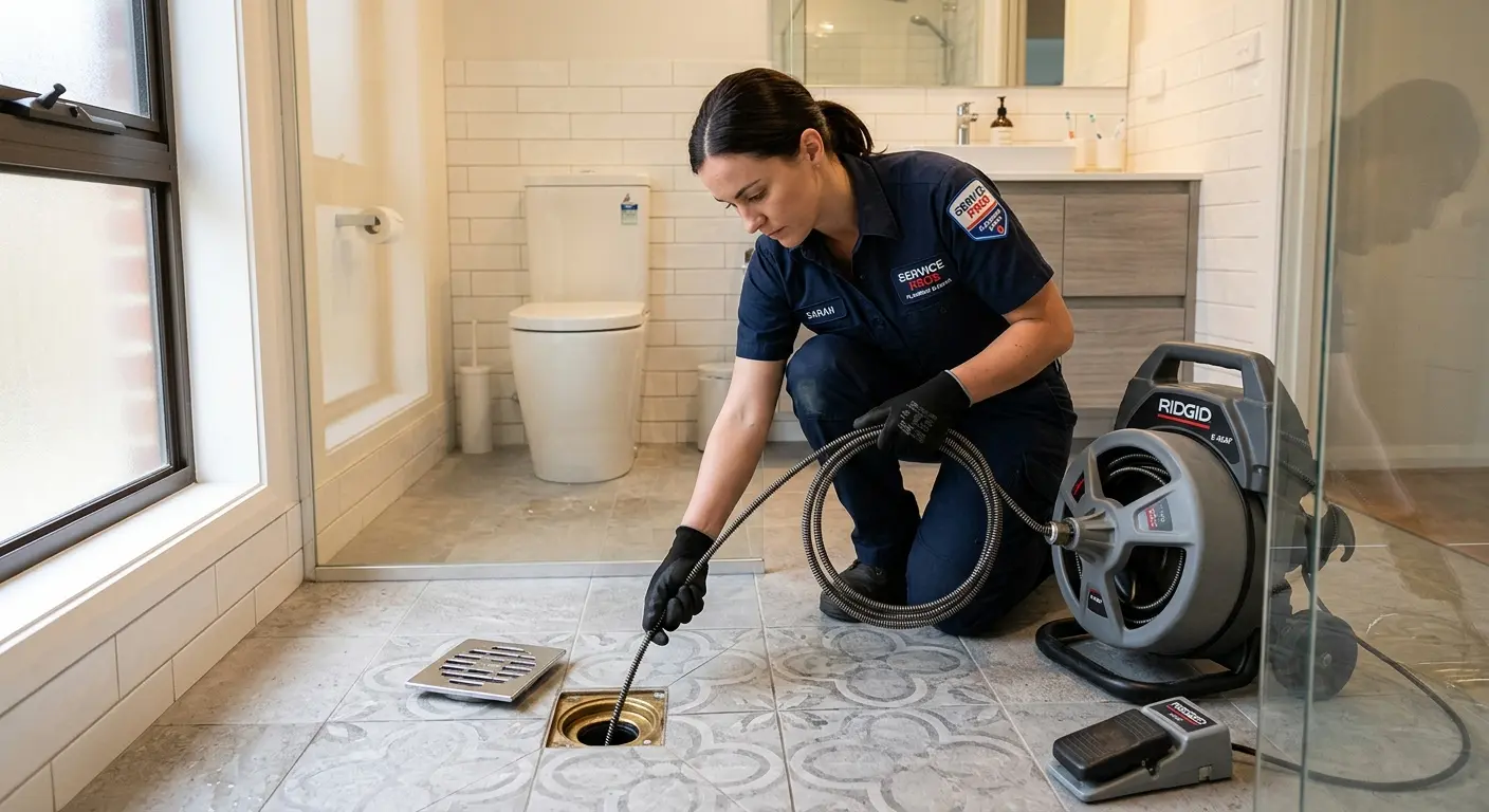 Technician clearing a bathroom floor drain for Drain Repair in Ravenna